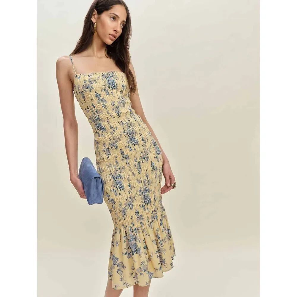 Reformation Women's Floral Smocked Seren Midi Dress Sabrina Butter Yellow Sz 8